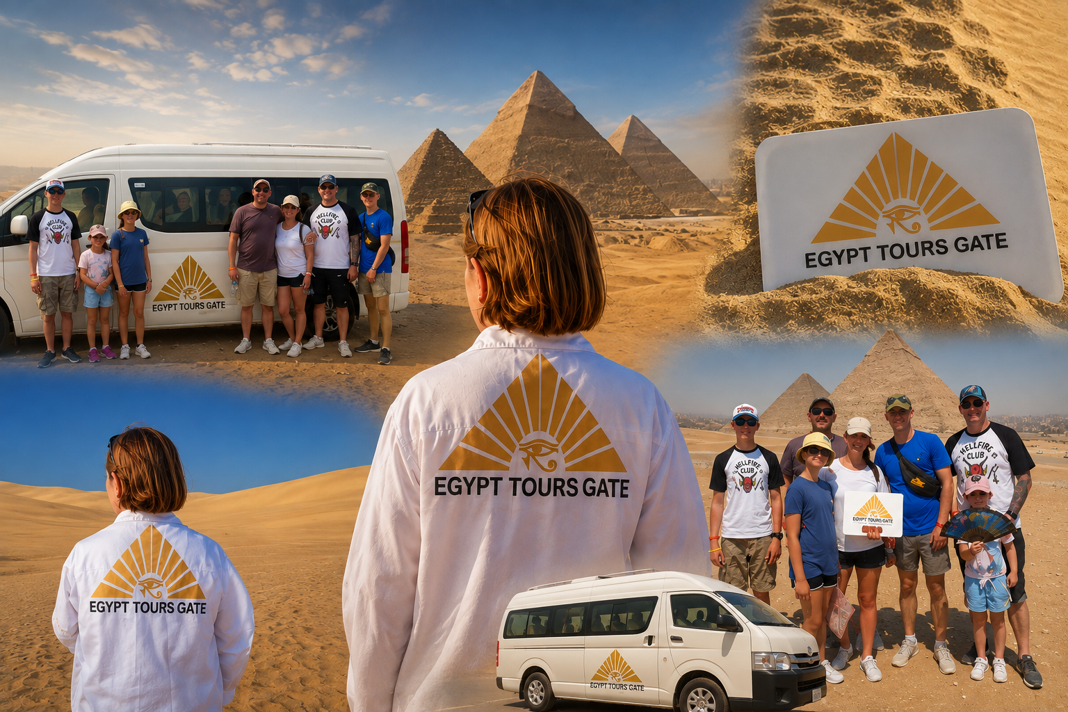 Camel caravan passing the Pyramids of Giza at sunset